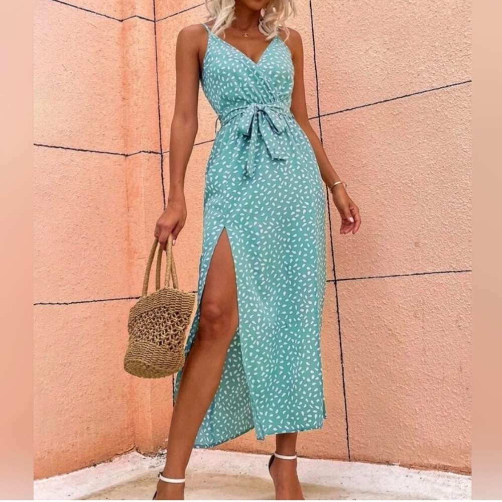 New Boho Double Split Cami Dress Maxi Floral Dot Blue White